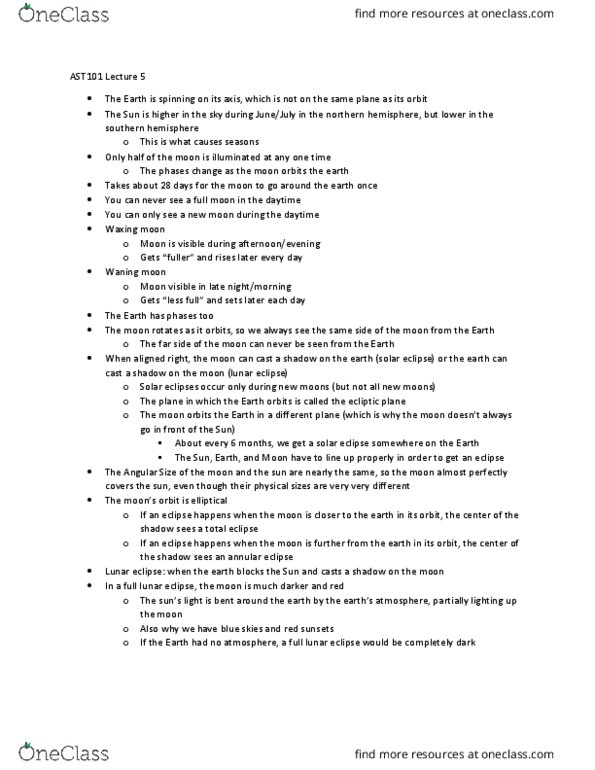 AST101H1 Lecture Notes - Lecture 5: Lunar Eclipse, The Moons, Ecliptic thumbnail