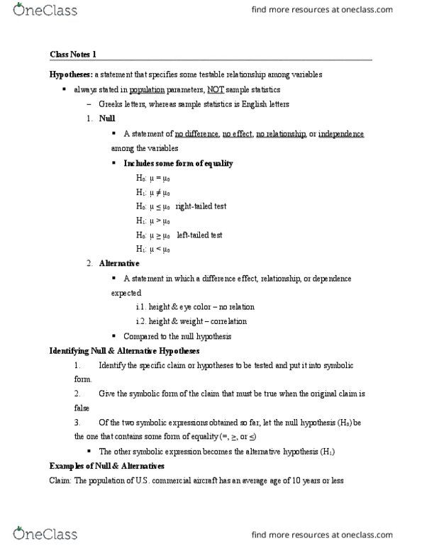 MKT 317 Lecture Notes - Null Hypothesis, Statistical Hypothesis Testing, Test Statistic thumbnail