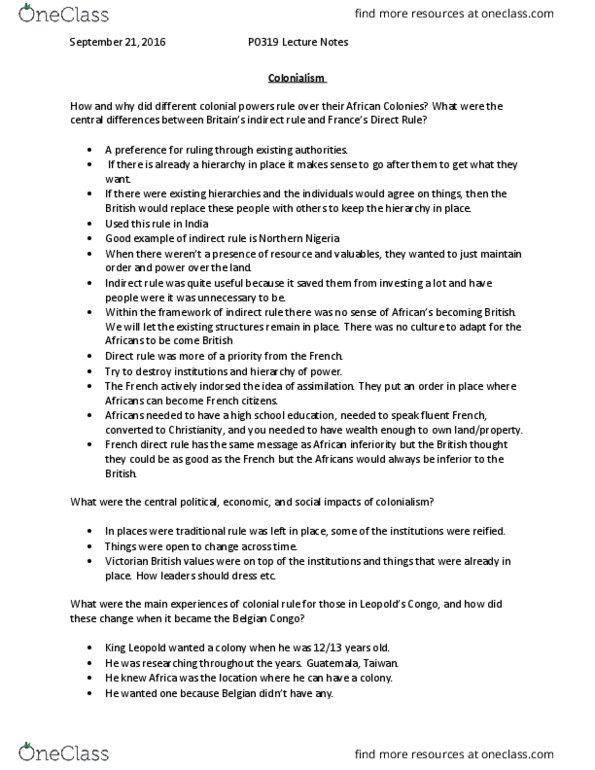 PO319 Lecture Notes - Lecture 1: Indirect Rule, Congo Reform Association thumbnail