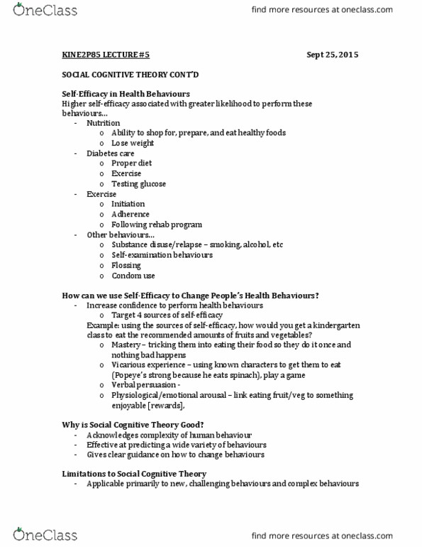 KINE 2P85 Lecture Notes - Lecture 5: Health Belief Model, Social Cognitive Theory, Diabetes Care thumbnail