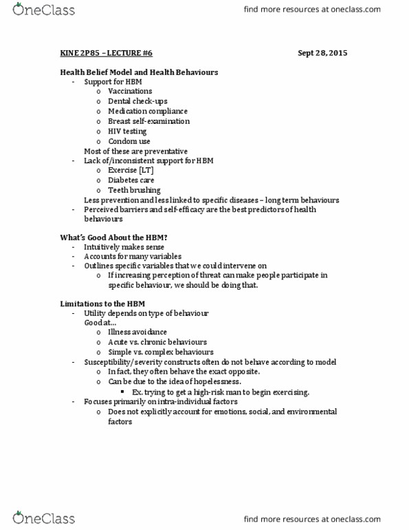 KINE 2P85 Lecture Notes - Lecture 6: Health Belief Model, Diabetes Care, Binge Drinking thumbnail