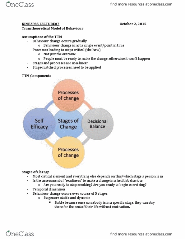 KINE 2P85 Lecture Notes - Lecture 7: Transtheoretical Model, Consciousness Raising, Passive Smoking thumbnail