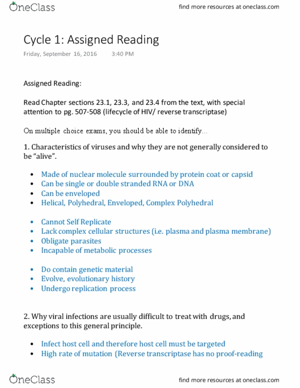 Biology 1001A Chapter Notes - Chapter 23: Reverse Transcriptase, Cell Membrane, Dna Virus thumbnail