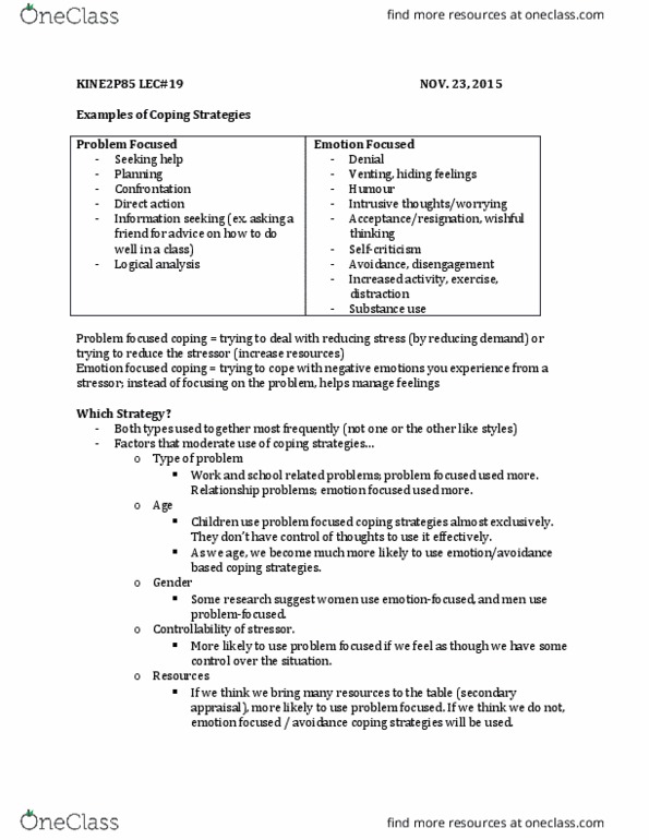 KINE 2P85 Lecture Notes - Lecture 19: Avoidance Coping, Junk Food, Information Seeking thumbnail