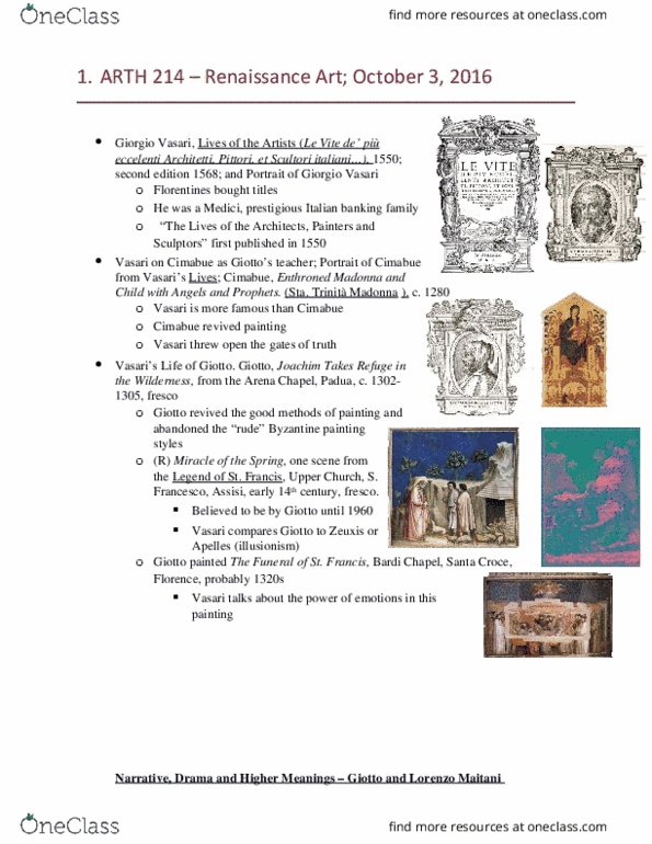 ARTH 214 Lecture Notes - Lecture 7: Giorgio Vasari, Santa Croce, Florence, Enrico Degli Scrovegni thumbnail