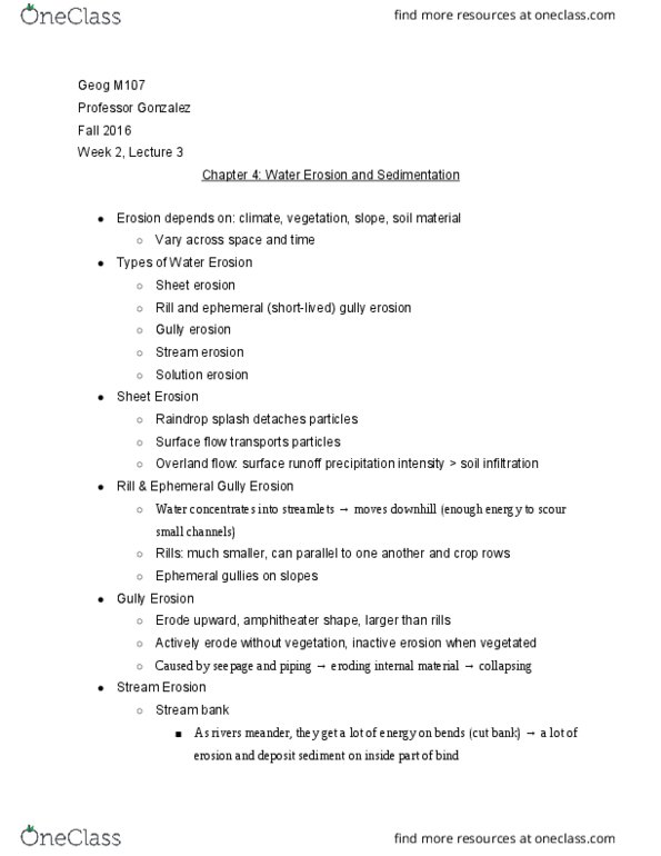 GEOG M107 Lecture Notes - Lecture 3: Gully, Stream Energy, Surface Runoff thumbnail