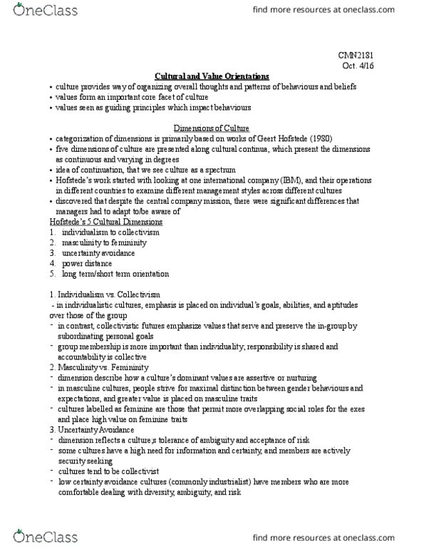 CMN 2181 Lecture Notes - Lecture 5: Geert Hofstede, Intercultural Communication, Collectivism thumbnail