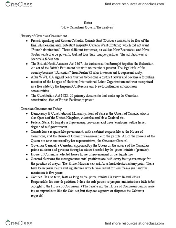 POL111H5 Chapter Notes - Chapter 1: Constitution Act, 1867, Psalm 72, Autonomous Communities Of Spain thumbnail
