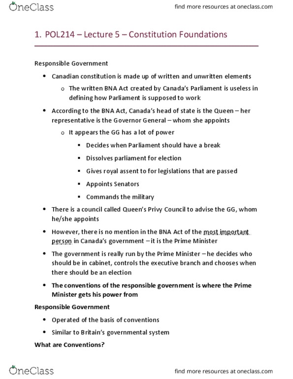 POL214Y5 Lecture Notes - Lecture 5: Royal Assent, Responsible Government, Majority Government thumbnail