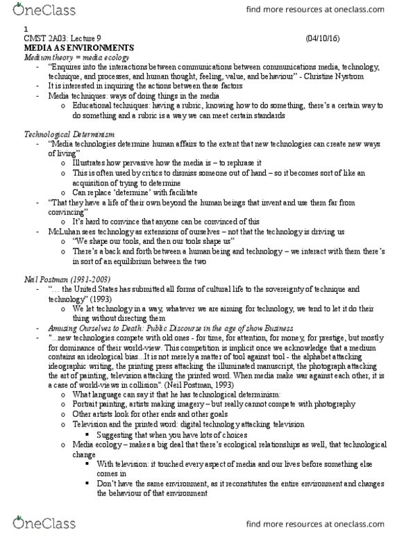 CMST 2C03 Lecture Notes - Lecture 8: Neil Postman, Media Ecology, Illuminated Manuscript thumbnail