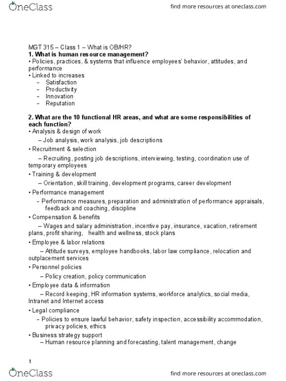 MGT 315 Lecture Notes - Lecture 1: Human Resource Management, Society For Human Resource Management, Organization Development thumbnail