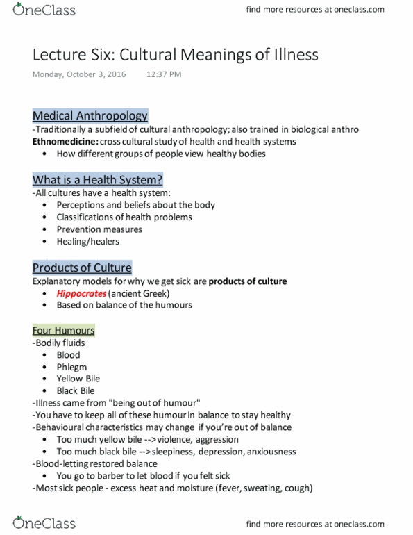 ANTHROP 1AA3 Lecture Notes - Lecture 5: Humorism, Medical Anthropology, Cultural Anthropology thumbnail