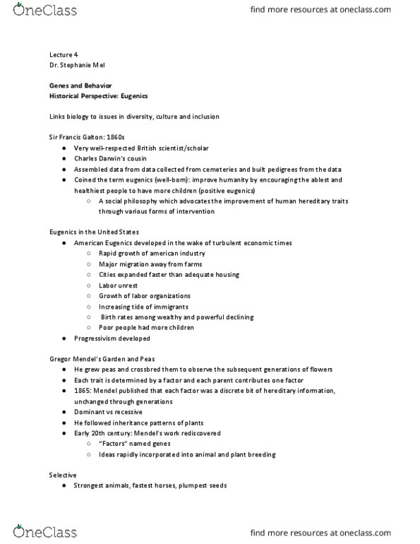 HDP 1 Lecture Notes - Lecture 5: Eugenics Record Office, Plant Breeding, Mendelian Inheritance thumbnail