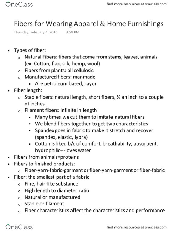 TS 111 Lecture Notes - Lecture 7: Spandex, Animal Fiber, Thermoplastic thumbnail