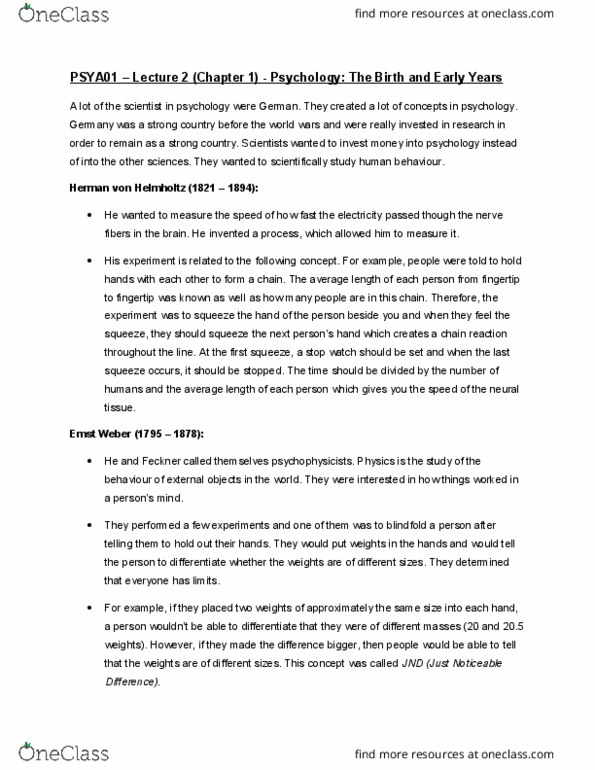 PSYA01H3 Lecture Notes - Lecture 2: Forgetting Curve, Psychophysics, Wilhelm Wundt thumbnail