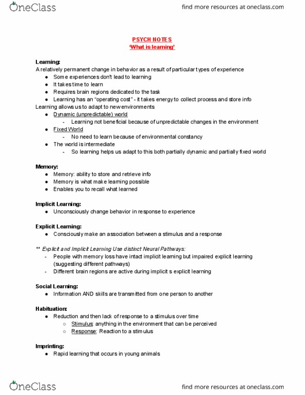 PSYC 1001 Lecture Notes - Lecture 6: Konrad Lorenz, Classical Conditioning, Implicit Learning thumbnail