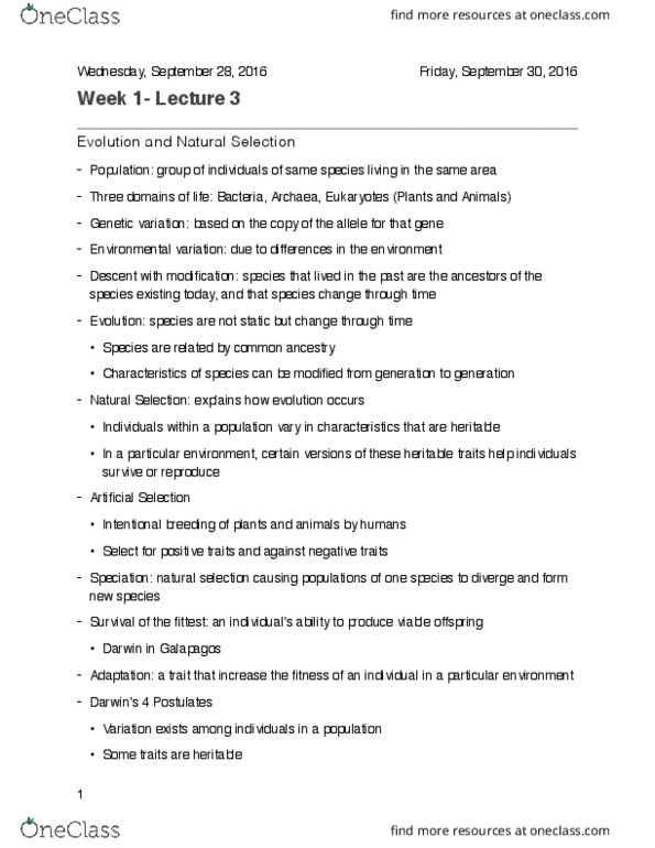 LIFESCI 1 Lecture Notes - Lecture 4: Genetic Variation, Speciation, Archaea thumbnail