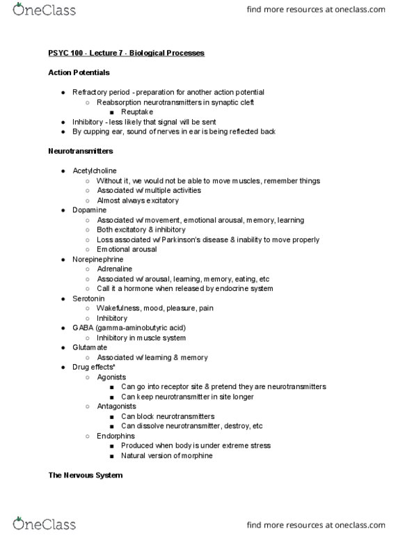 PSYC 100 Lecture Notes - Lecture 7: Autonomic Nervous System, Somatic Nervous System, Olfactory Bulb thumbnail