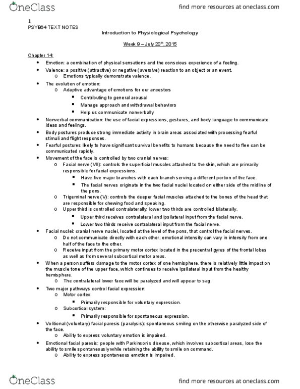 PSYB64H3 Chapter Notes - Chapter 14: Cranial Nerve Nucleus, Ventromedial Prefrontal Cortex, Facial Nerve thumbnail