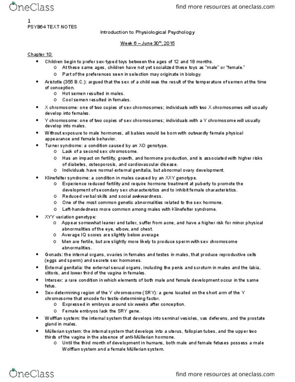 PSYB64H3 Chapter Notes - Chapter 10: Secondary Sex Characteristic, Congenital Adrenal Hyperplasia, Intersex thumbnail