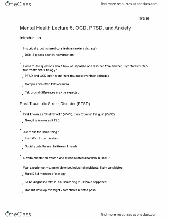 HLTHAGE 1CC3 Lecture Notes - Lecture 5: Posttraumatic Stress Disorder, Dsm-5, Obsessive–Compulsive Disorder thumbnail