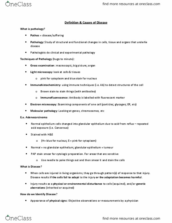 Pathology 3240A Lecture Notes - Lecture 1: Epithelium, Traffic Collision, Papanicolaou Stain thumbnail