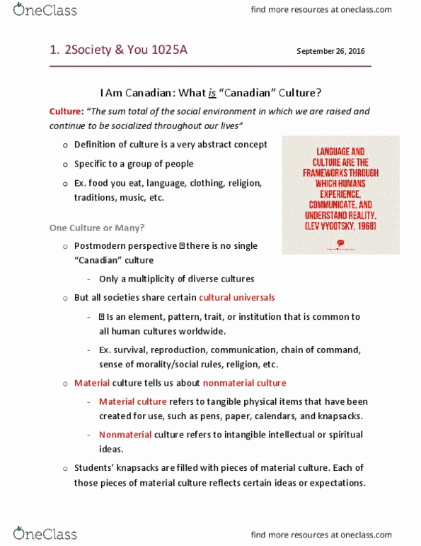 Sociology 1025A/B Lecture Notes - Lecture 3: I Am Canadian, Cultural Universal, Social Reproduction thumbnail
