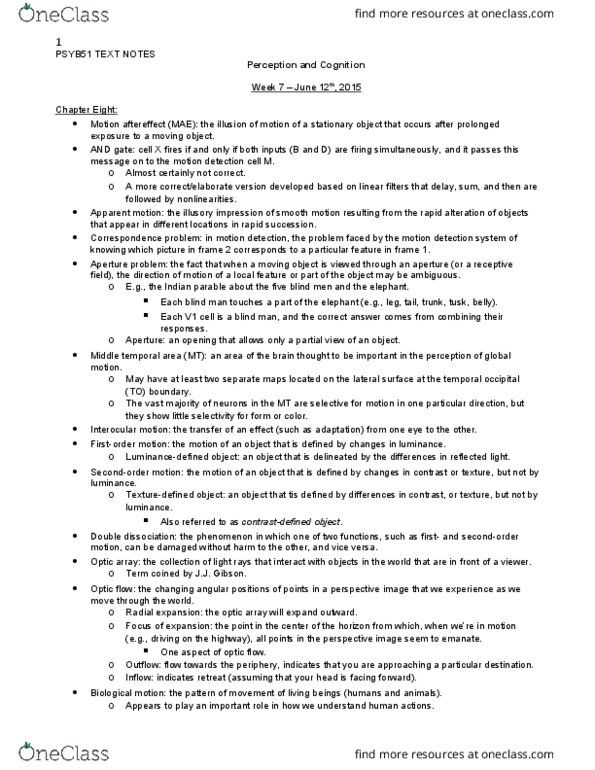 PSYB51H3 Chapter Notes - Chapter 8: Motion Aftereffect, Optical Flow, Correspondence Problem thumbnail