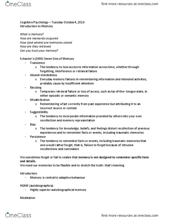 Psychology 2135A/B Lecture Notes - Lecture 7: Autobiographical Memory, Knowledge Representation And Reasoning, Explicit Memory thumbnail