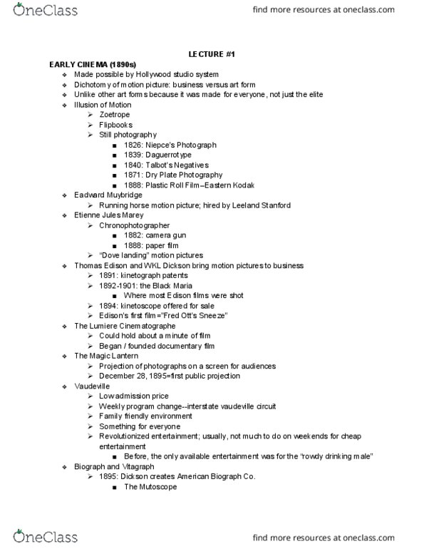 FILM TV 106A Lecture Notes - Lecture 1: Eadweard Muybridge, Thomas Edison, Kinetoscope thumbnail