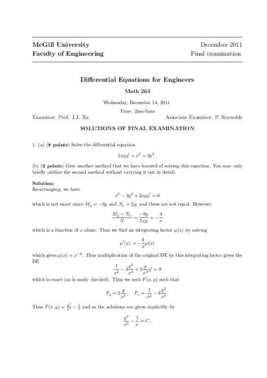MATH 263 Lecture Notes - Integrating Factor, Partial Fraction Decomposition, Final Examination thumbnail