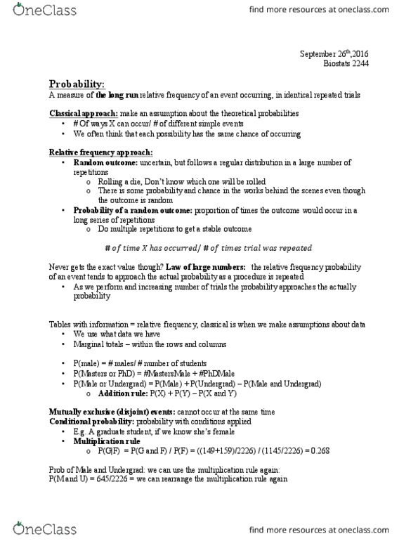 Statistical Sciences 2244A/B Lecture Notes - Lecture 5: Frequentist Probability, Conditional Probability thumbnail