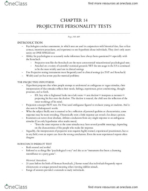 PSYC 334 Chapter Notes - Chapter 14: Rorschach Test, Projective Test, Content Validity thumbnail