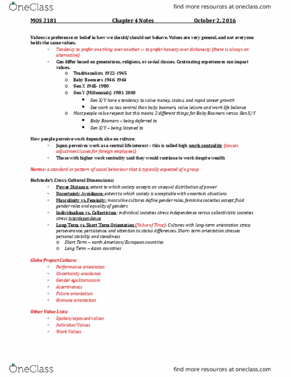 Management and Organizational Studies 2181A/B Lecture 4: Chapter 4 Textbook Notes & Class Lecture (in red) & Case Study thumbnail