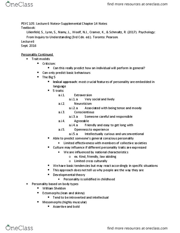 HLSC-124 Chapter 14: PSYC 105 Lecture 6 Notes+ Supplemental Chapter 14 Textbook Notes thumbnail