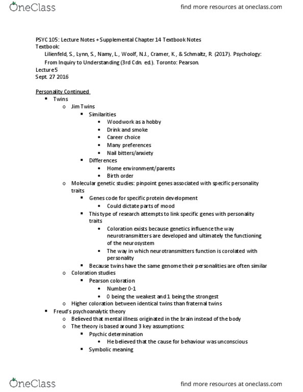 HLSC-124 Chapter 14: PSYC 105 Lecture 5 Notes + Supplemental Chapter 14 Textbook Notes thumbnail