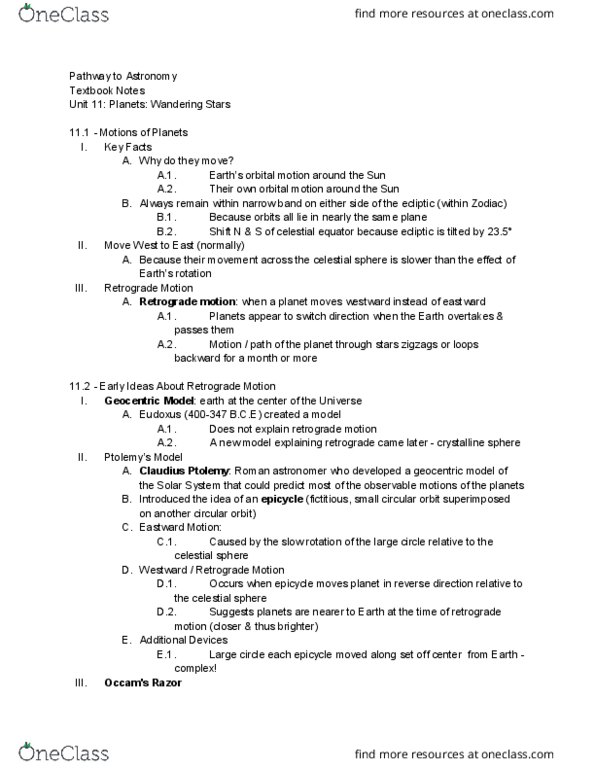 ASTRON 103 Chapter Notes - Chapter 11: Retrograde And Prograde Motion, Celestial Equator, Geocentric Model thumbnail