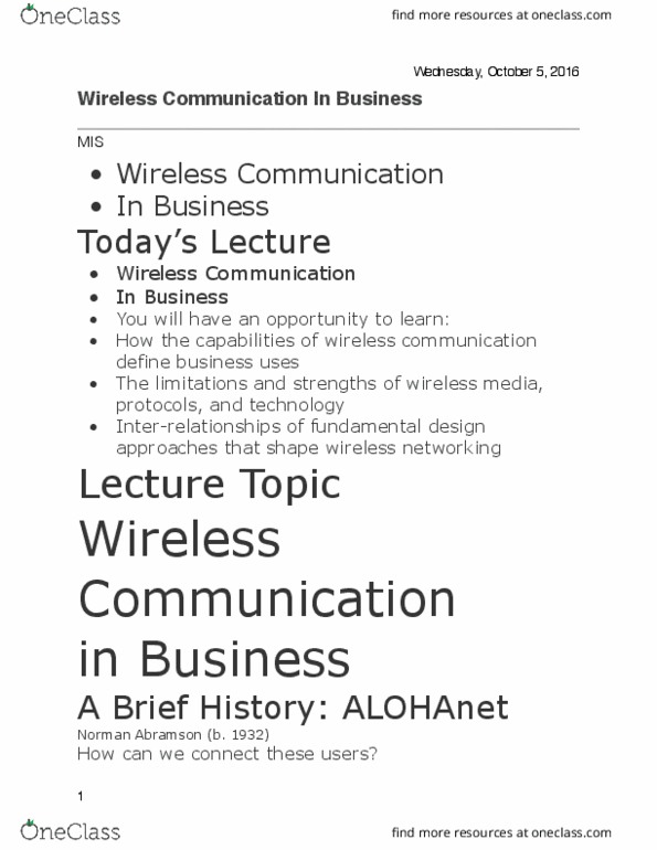 MIS 111 Lecture Notes - Lecture 20: Multipath Propagation, Wireless Lan, Norman Abramson thumbnail