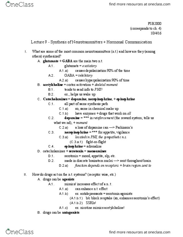 PSB-2000 Lecture Notes - Lecture 9: Serotonin Receptor Agonist, Catecholamine, Psychoactive Drug thumbnail