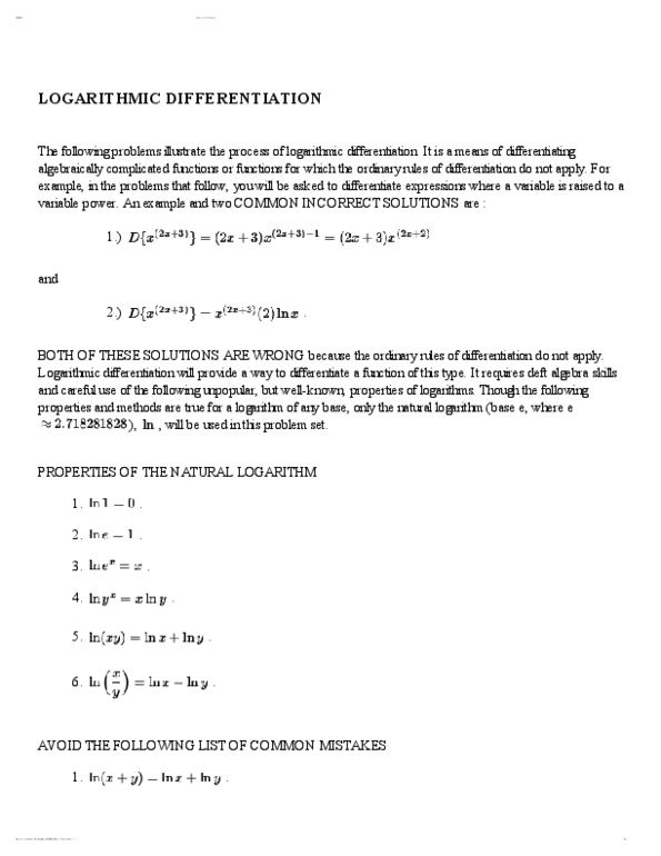 MAT157Y1 Lecture Notes - Logarithmic Differentiation thumbnail