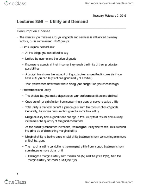 ECON101 Lecture Notes - Lecture 8: Marginal Utility, Prefrontal Cortex, Neuroeconomics thumbnail