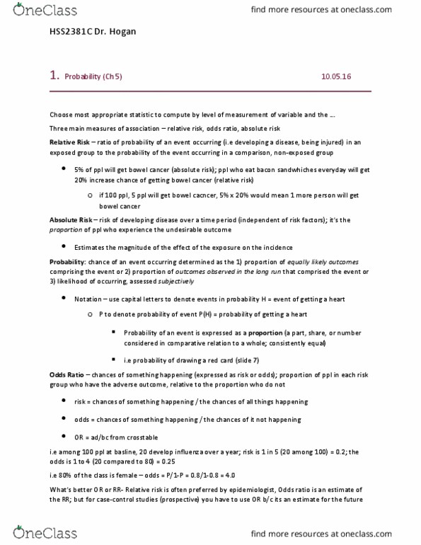 HSS 2381 Lecture Notes - Lecture 5: Colorectal Cancer, Odds Ratio, Relative Risk thumbnail