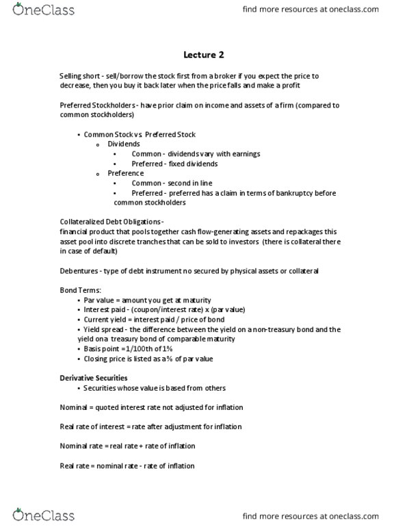 FIN 3104 Lecture Notes - Lecture 2: Yield Spread, Current Yield, Yield Curve thumbnail