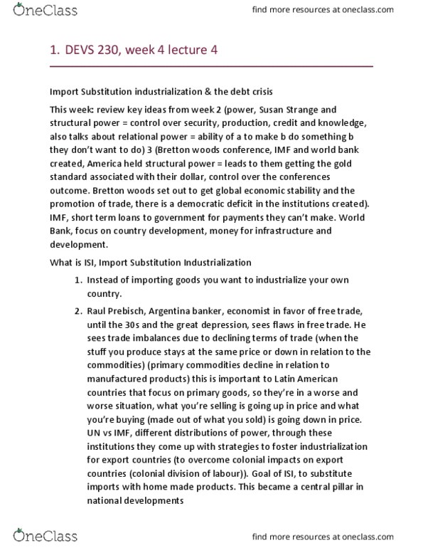 DEVS 230 Lecture Notes - Lecture 4: Bretton Woods Conference, Import Substitution Industrialization, Susan Strange thumbnail