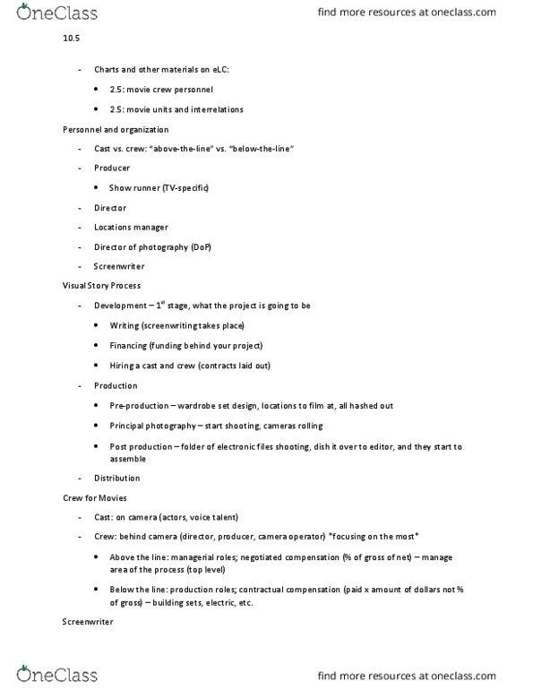 EMST 3010 Lecture Notes - Lecture 20: Principal Photography, Script Editor, Showrunner thumbnail