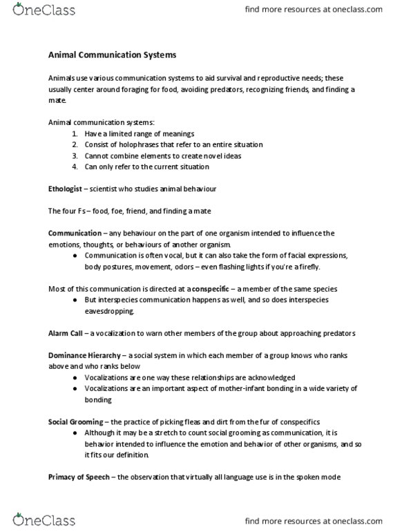 Psychology 2134A/B Chapter Notes - Chapter 1: Waggle Dance, Social Grooming, Animal Communication thumbnail