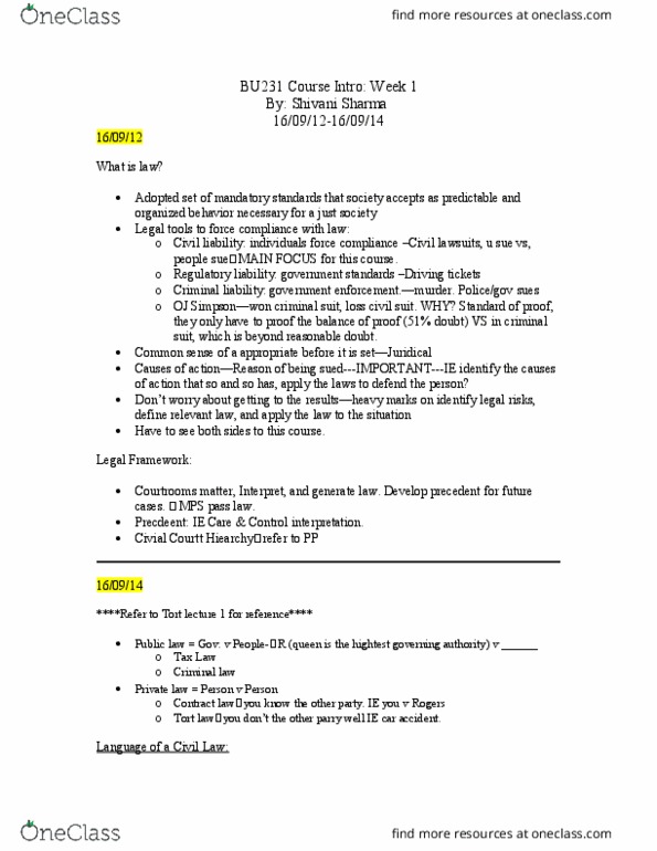 BU231 Lecture Notes - Lecture 1: Pass Laws, Private Law, Public Law thumbnail