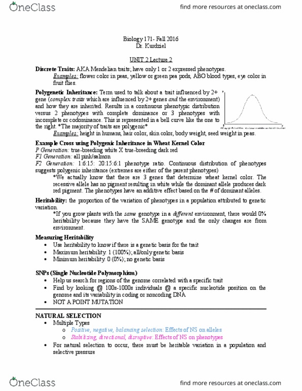 BIOLOGY 171 Lecture Notes - Lecture 8: Single-Nucleotide Polymorphism, Quantitative Trait Locus, Pea thumbnail