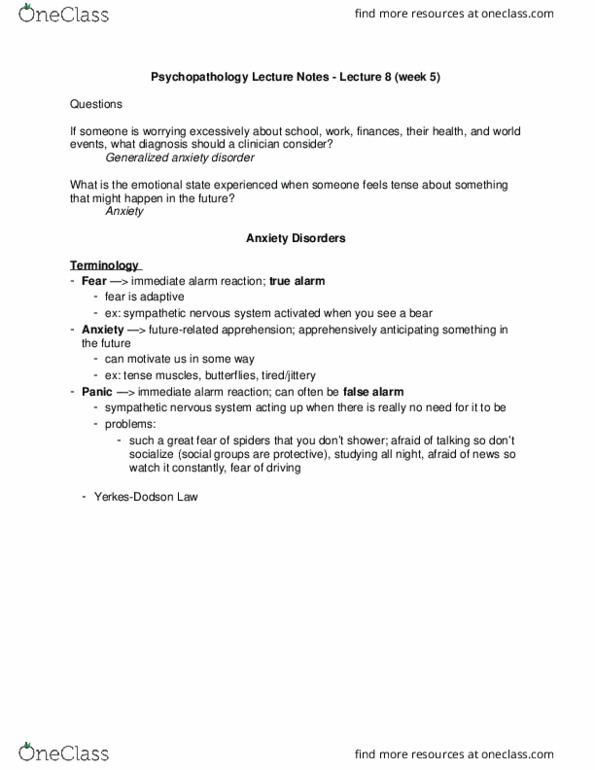 PSY 3171 Lecture Notes - Lecture 8: Panic Attack, Generalized Anxiety Disorder, Panic Disorder thumbnail