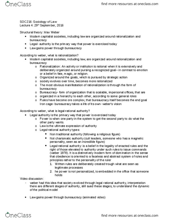 SOC216H5 Lecture Notes - Lecture 4: Charismatic Authority, Iron Cage thumbnail